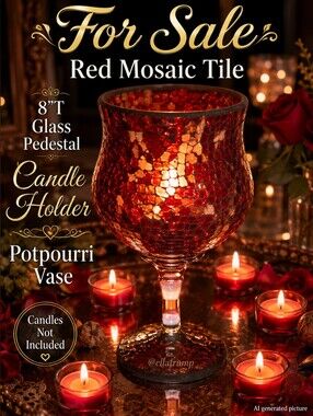 Red Mosaic Tile 8"T Glass Pedestal Candle Holder Vase